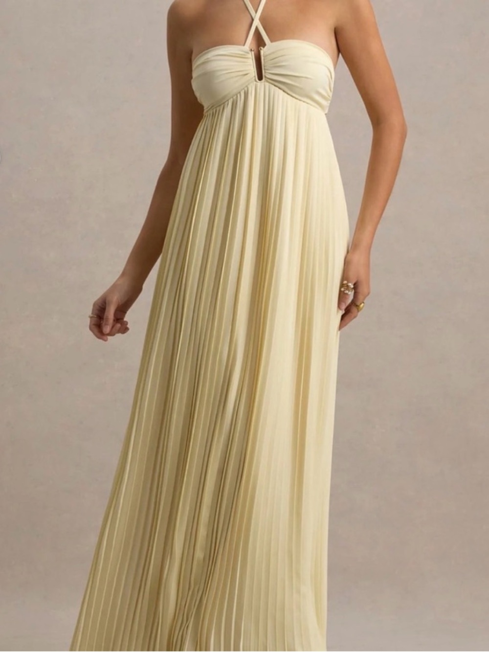 Pleated Strapless Maxi Dress in Butter Yellow with Halter Cross-Strap Detail
